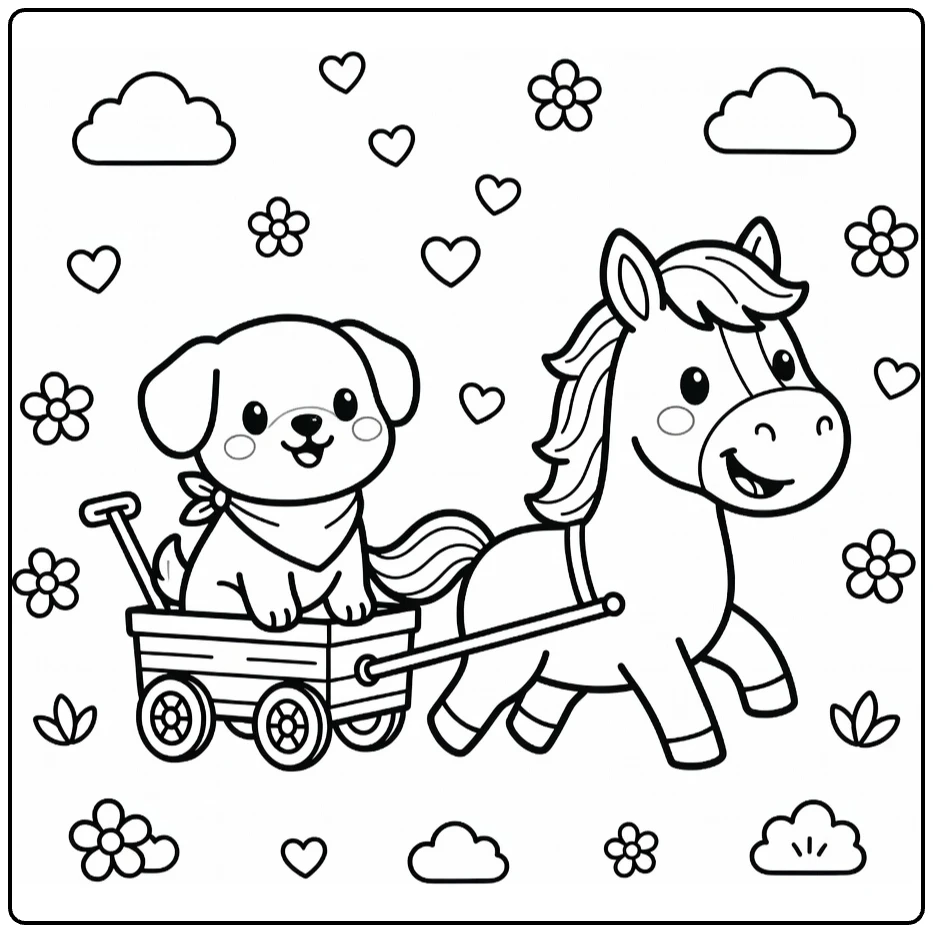 Dog and Horse coloring page: pup with bandana rides wagon pulled by happy horse amid hearts, daisies.