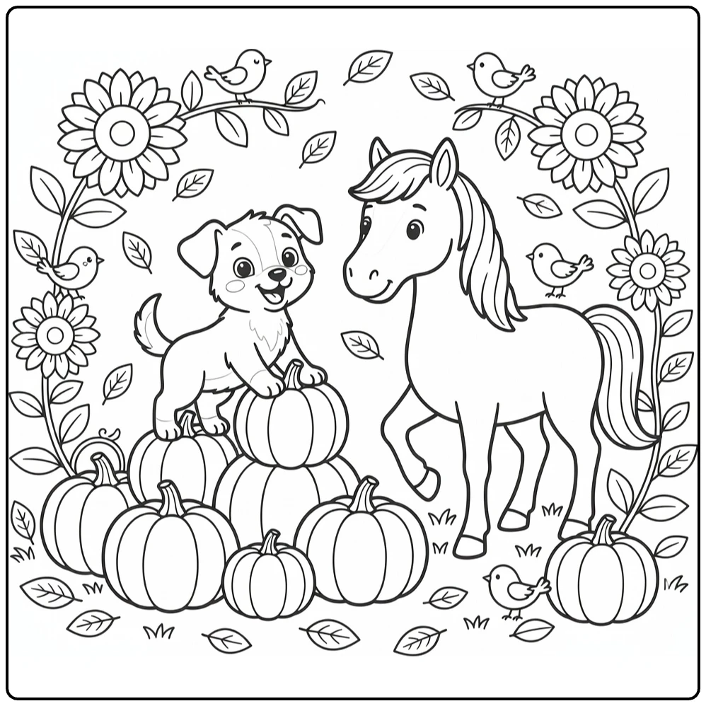 Dog and Horse coloring page: excited puppy on pumpkins with horse