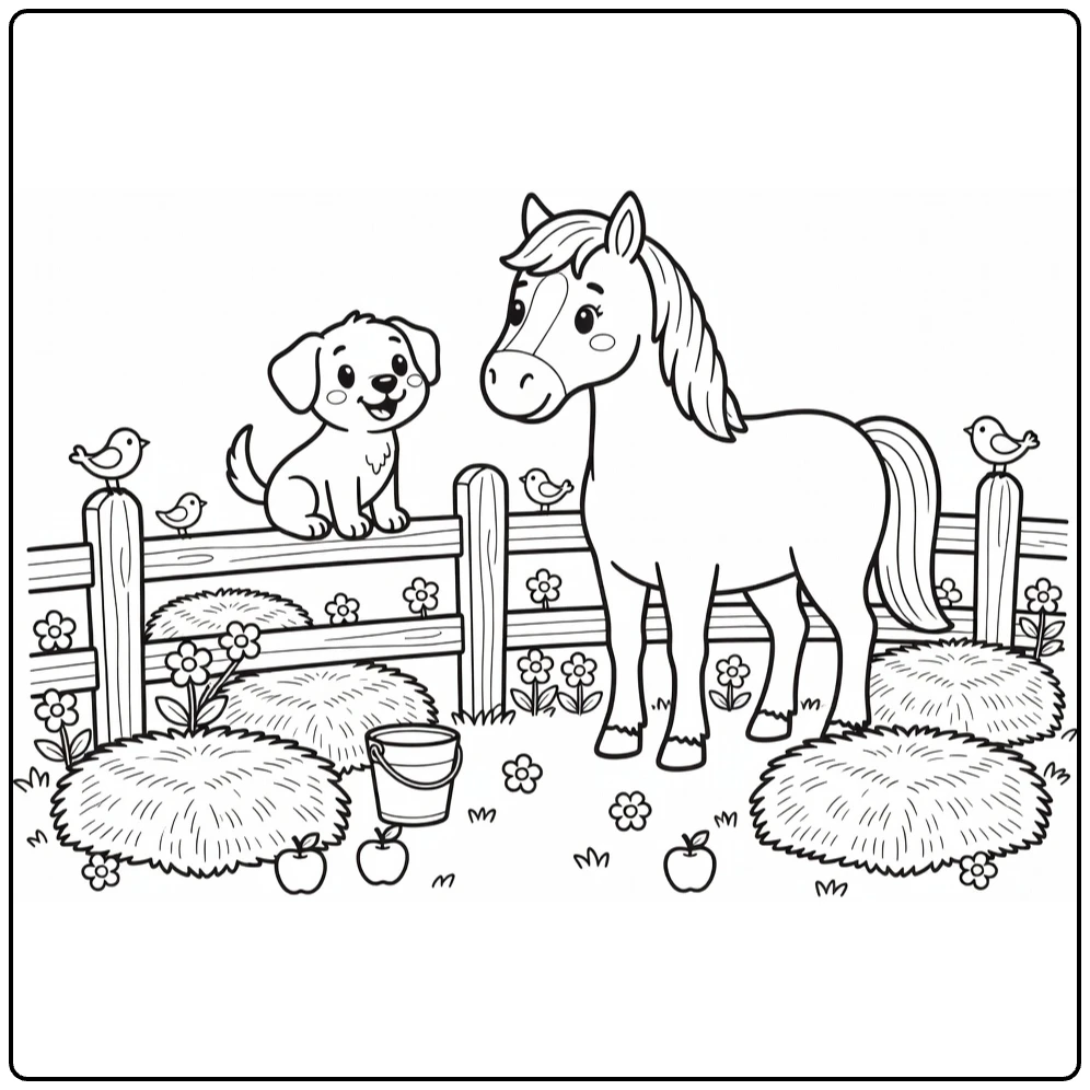 Dog and Horse coloring page: playful pup on fence, horse nearby