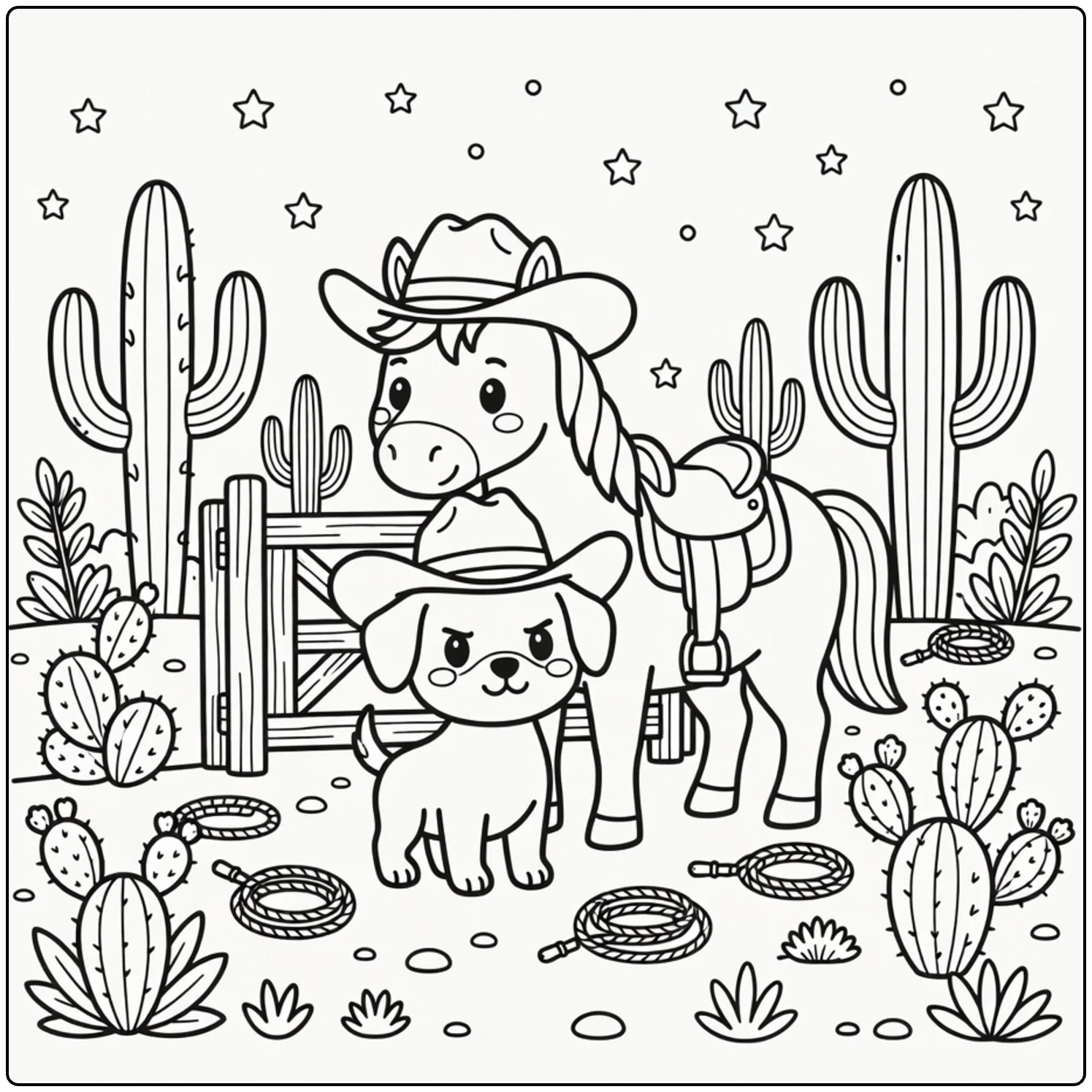 Dog and Horse coloring page: cowboy hat dog by saddled horse at gate