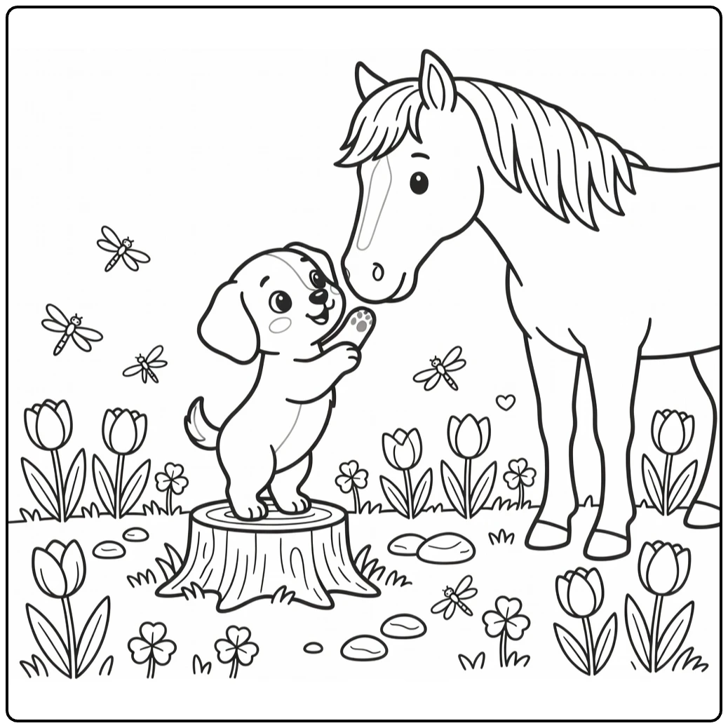 Dog and Horse coloring page: puppy on stump nuzzling horse nose