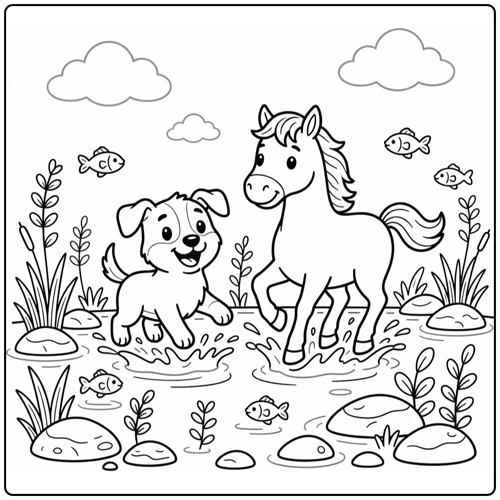 Dog and Horse coloring page: happy dog, trotting horse splashing in stream (58 chars)