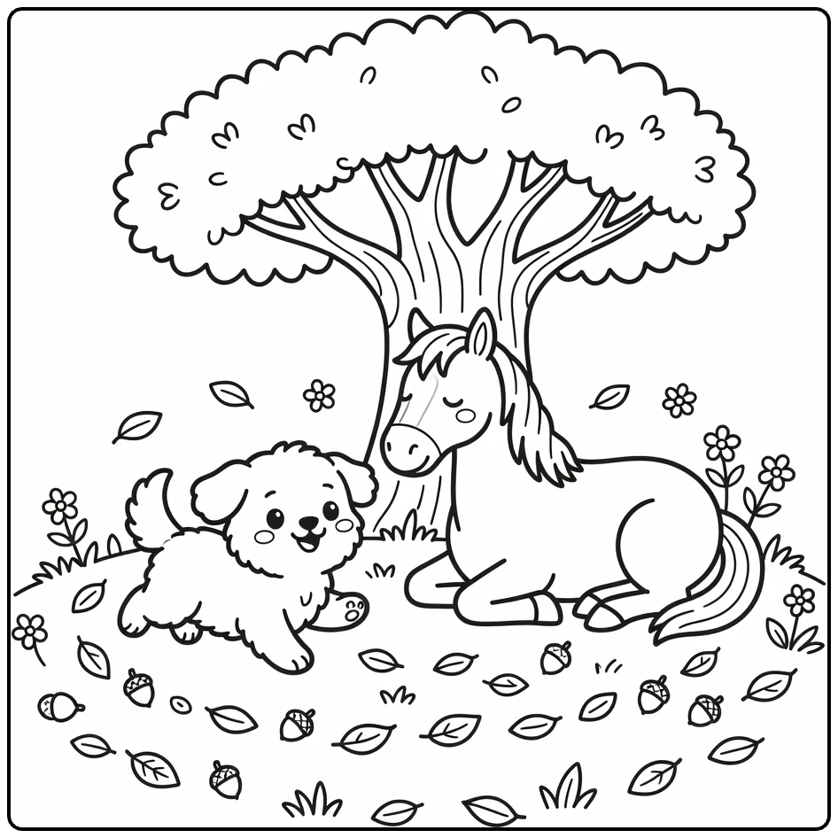 Dog and Horse coloring page: fluffy dog runs circles around resting horse