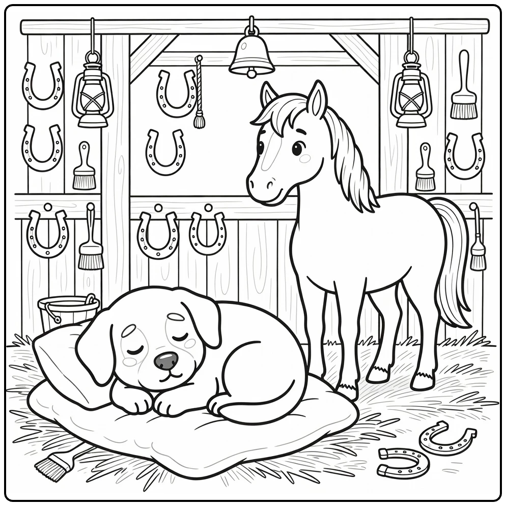 Dog and Horse coloring page: sleepy dog curled on blanket by horse