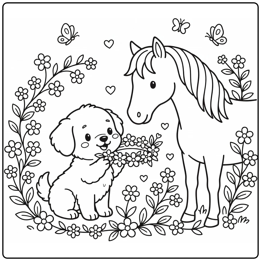 Dog and Horse coloring page: puppy offers flower crown to graceful horse