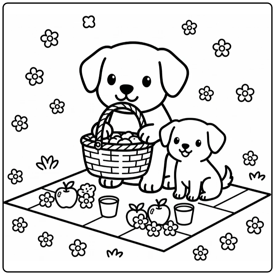 Dog and Puppy coloring page: dog with picnic basket, puppy by snacks