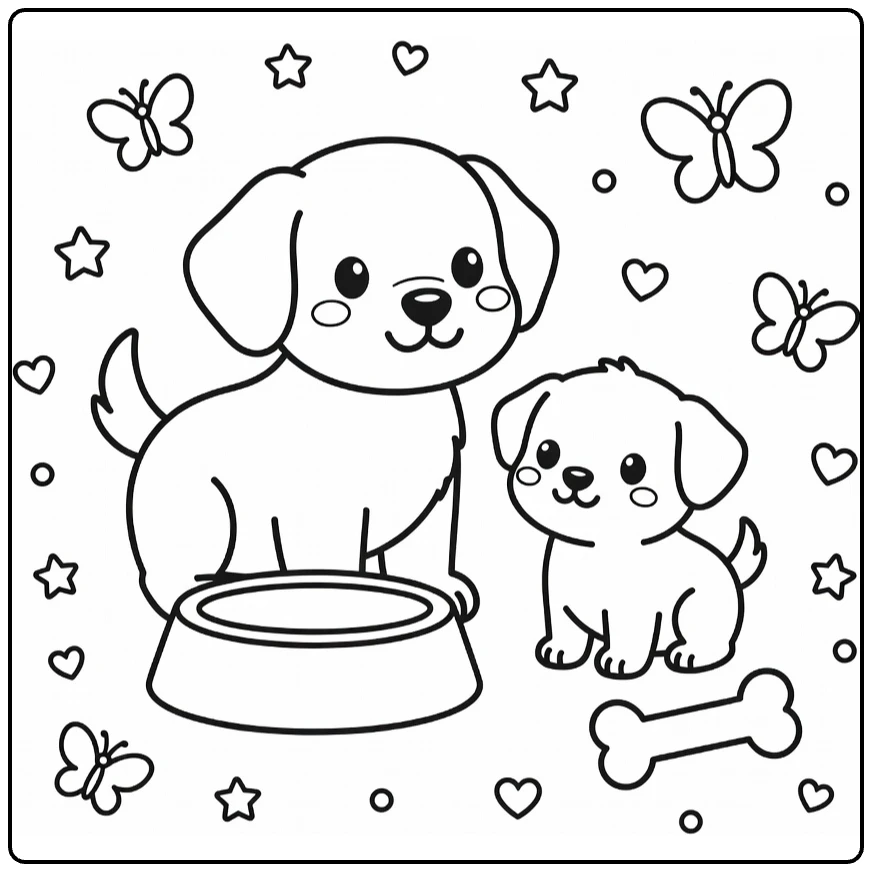Dog and puppy coloring page for preschoolers by bowl, bone