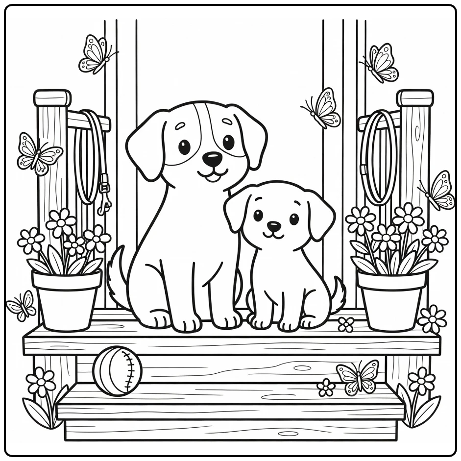 Dog and Puppy coloring page: porch duo with ball, pot, leash, butterflies