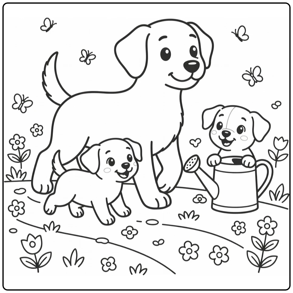 Dog and Puppy coloring page: big dog strolls garden path with trotting pup, one peeks by can.