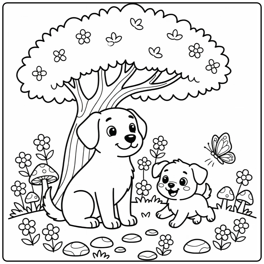Dog and Puppy coloring page: big dog under tree, puppy chases butterfly amid flowers