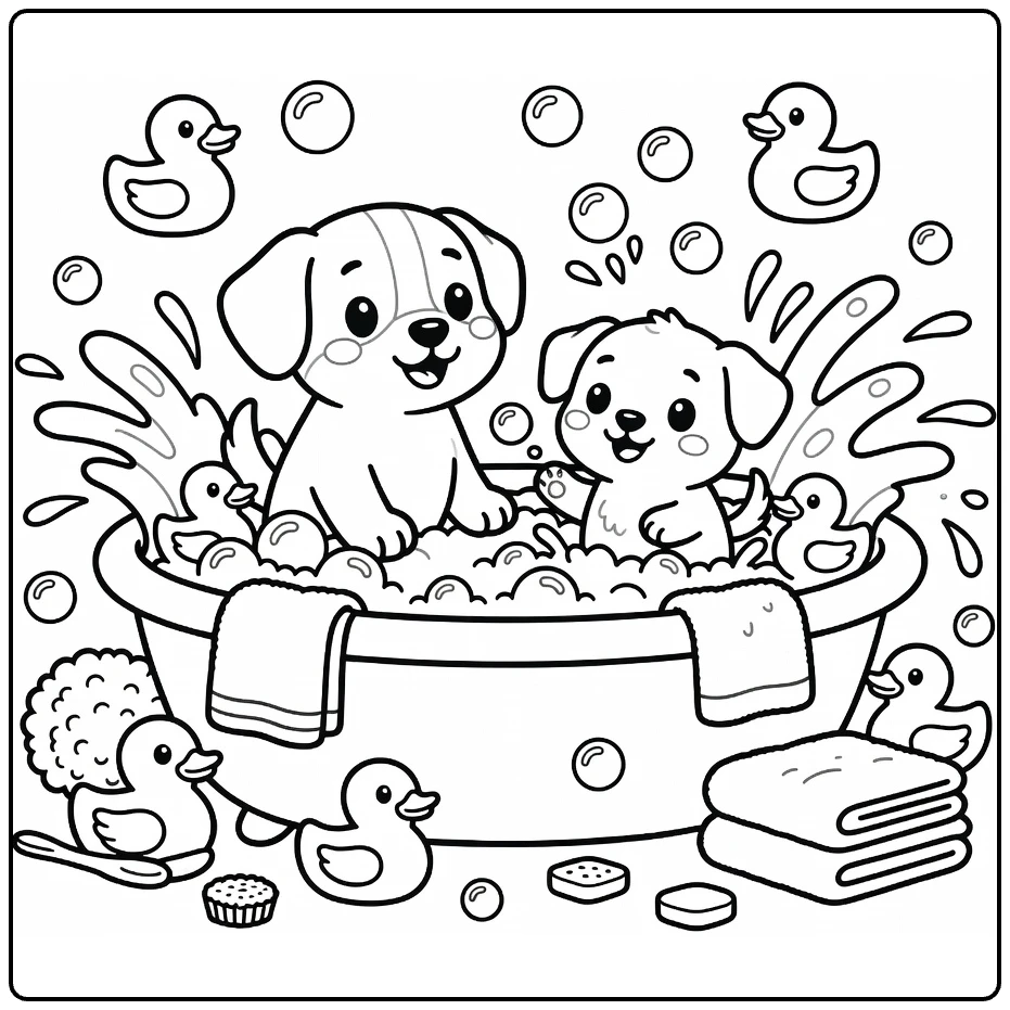 Dog and Puppy coloring page: bath fun with bubbles, ducks