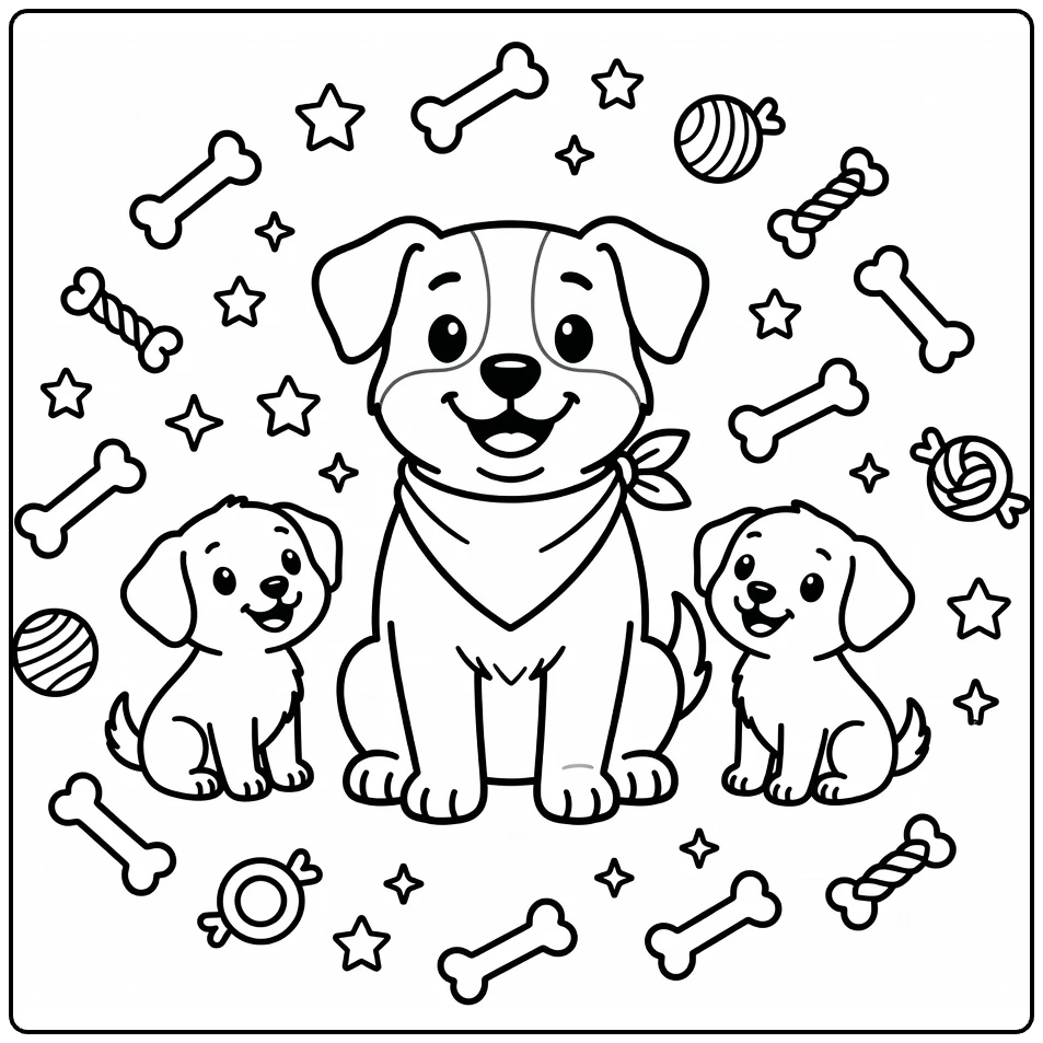 Dog and Puppy coloring page: proud dog in bandana with 3 puppies, bones, toys