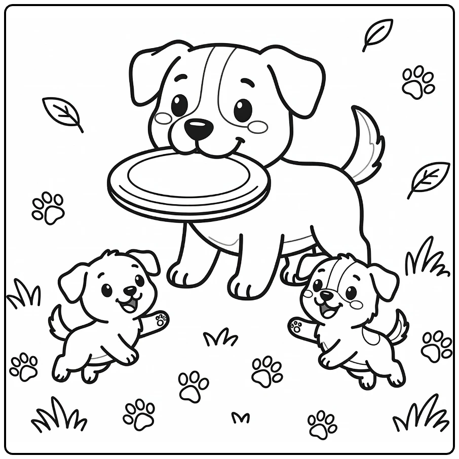 Dog and Puppy coloring page: Playful dog holds frisbee, puppies bounce with paw prints