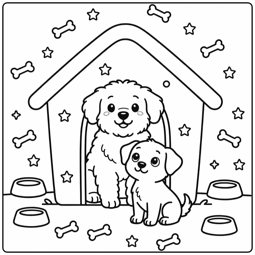 Dog and Puppy coloring page: fluffy dog in doorway, curious pup outside