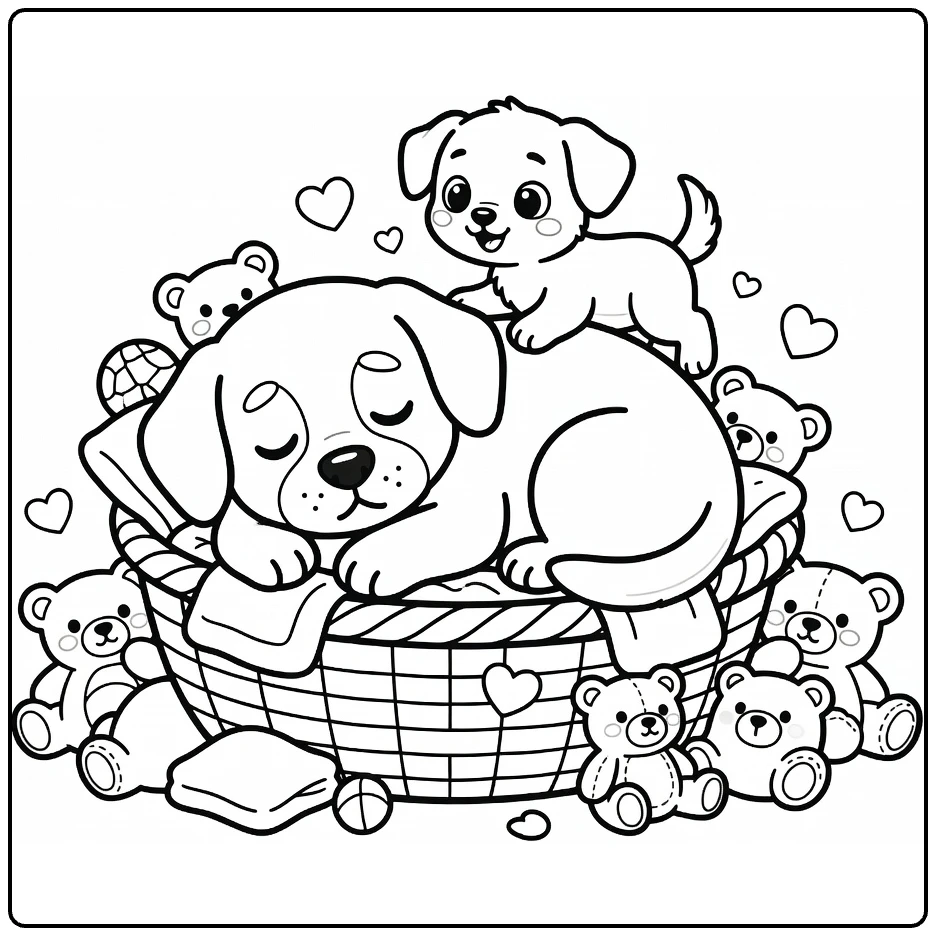 Dog and Puppy coloring page: sleepy dog in basket, pup climbs back