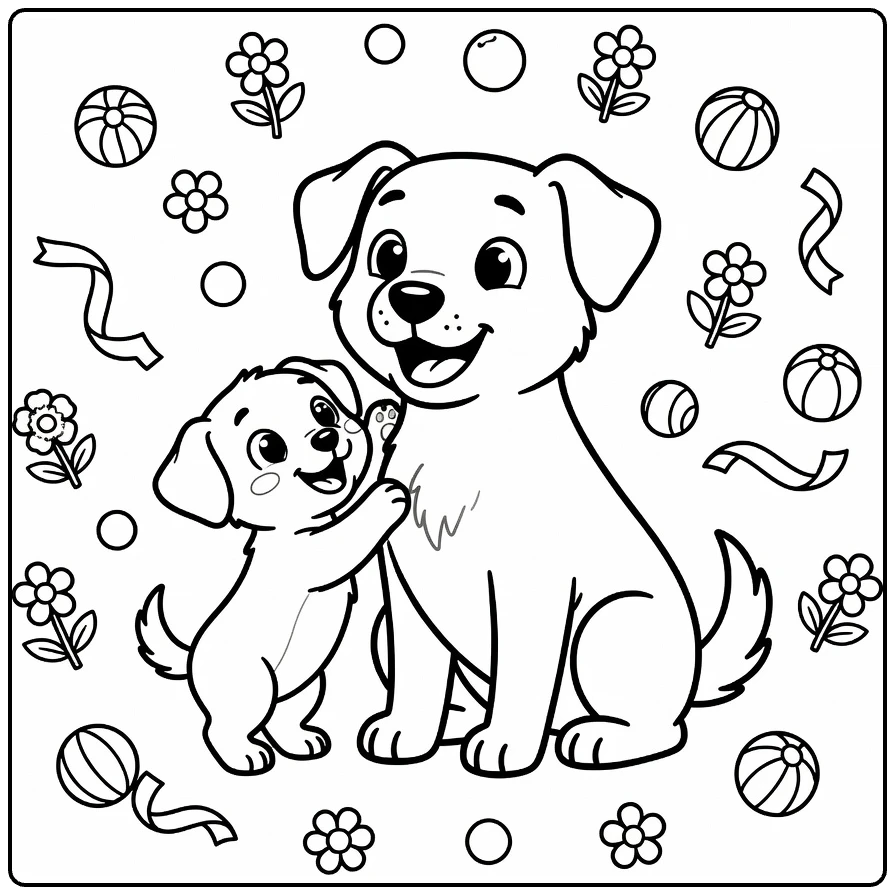 Dog and Puppy coloring page: proud dog, tiny pup reaching up amid flowers