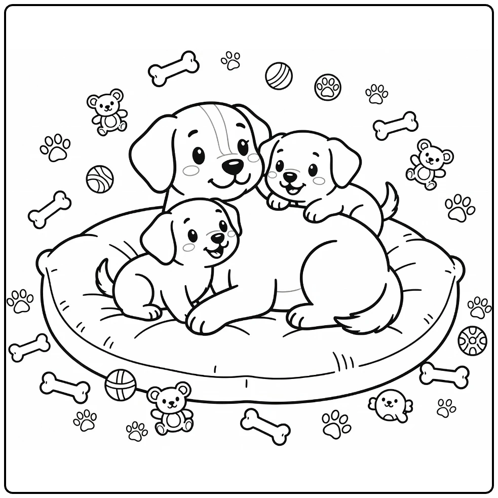 Dog and Puppy coloring page: mom dog cuddles two playful pups
