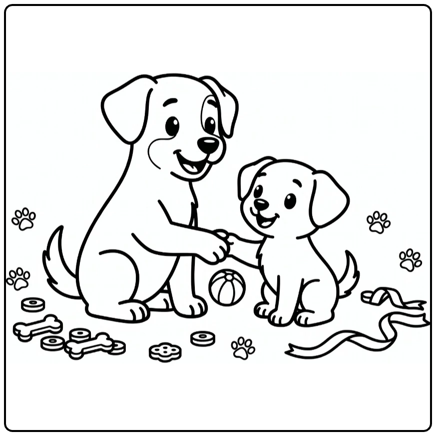 Dog and Puppy coloring page: dog teaches shake paws