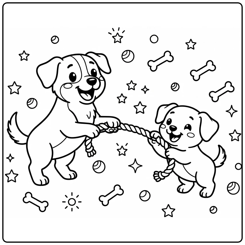 Dog and puppy playing coloring page: joyful tug-of-war with rope toy