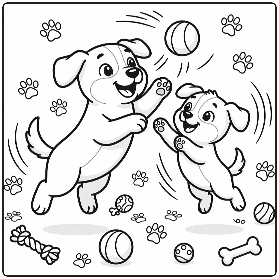 Dog and puppy playing coloring page: lively ball toss and jump