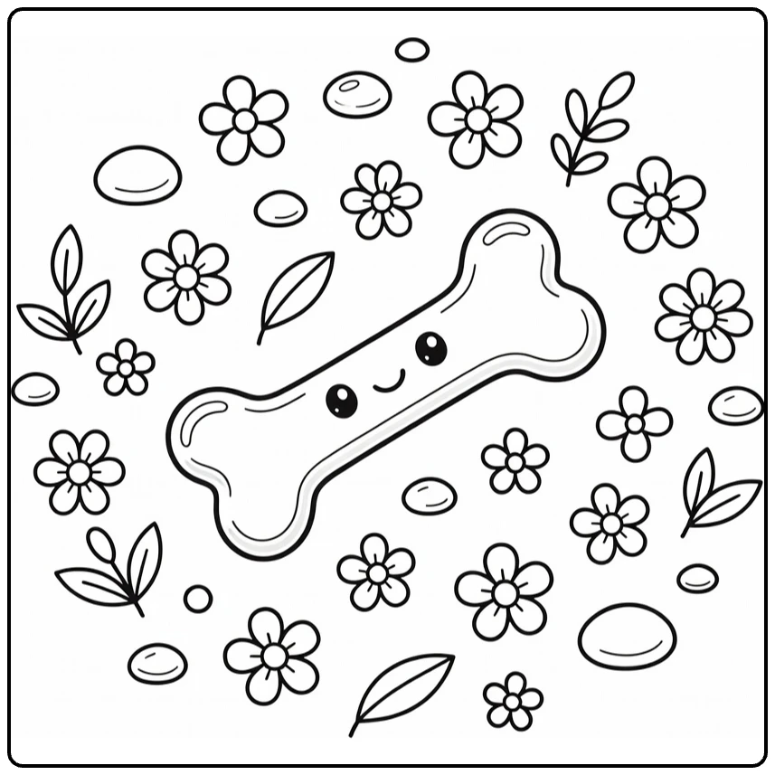 Dog bone coloring page: diagonal bone with flowers, leaves