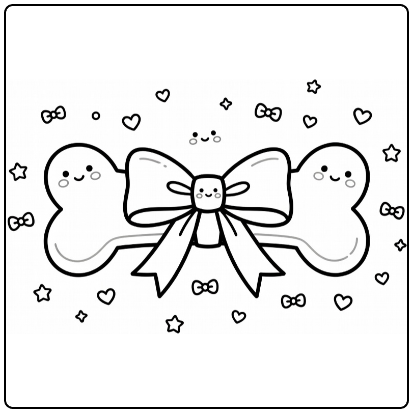 Dog bone coloring page with ribbon bow, hearts & stars