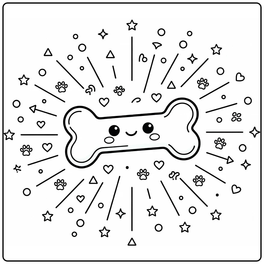Dog bone coloring page with bursting geometric shapes