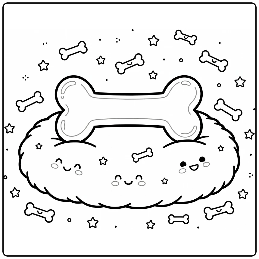 Dog bone coloring page with bone on fluffy cushion, stars, dots