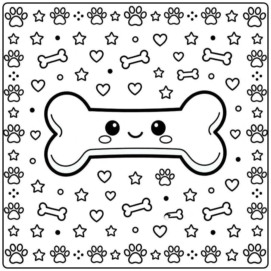 Dog bone coloring page with paw prints, stars, dots border