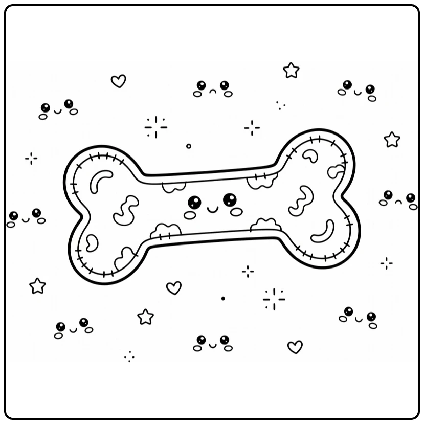 Dog bone coloring page with stitched segments & sparkles