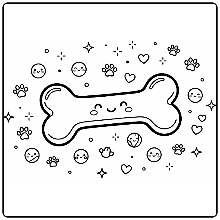 Dog bone coloring page with sparkles, dots, paw prints