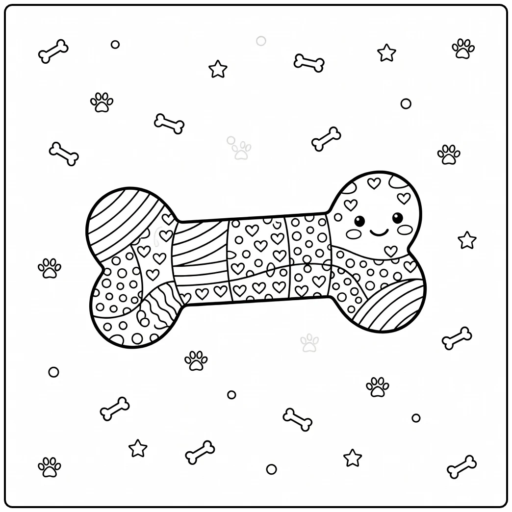 Dog bone coloring page with stripes, dots, hearts, paw prints