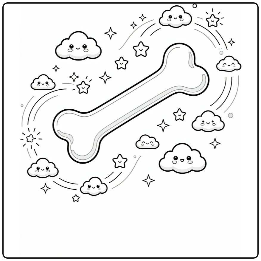 Dog bone coloring page: slim tilted bone with cute starry clouds