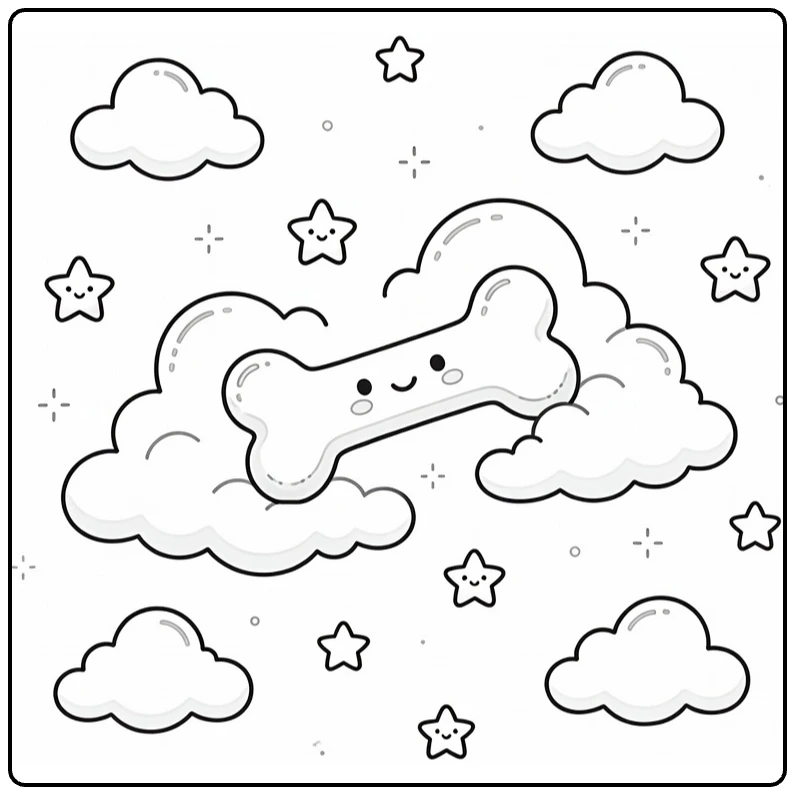 Dog bone coloring page with clouds and stars