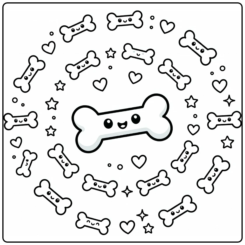 Dog bone coloring page: central bone with swirling stars, hearts