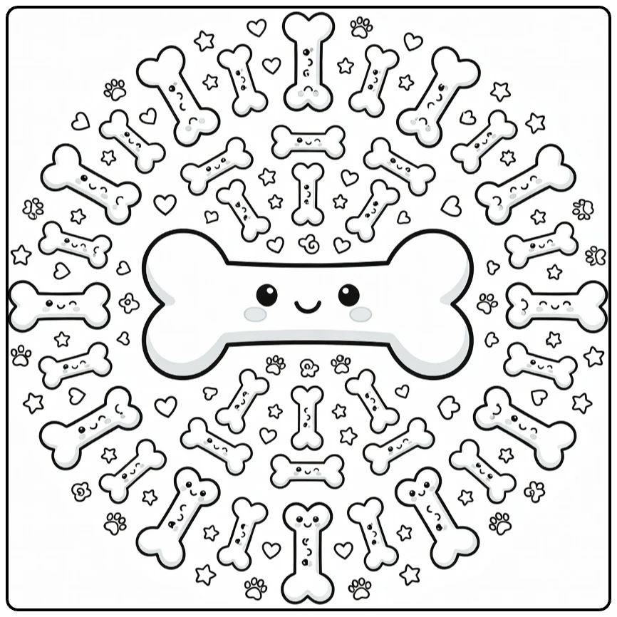 Dog bone coloring page: central bone with mini bone petals