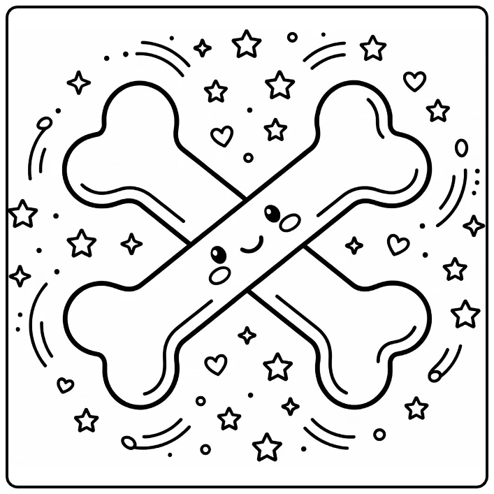 Dog bone coloring page: crossed bones with cute faces, stars, dots