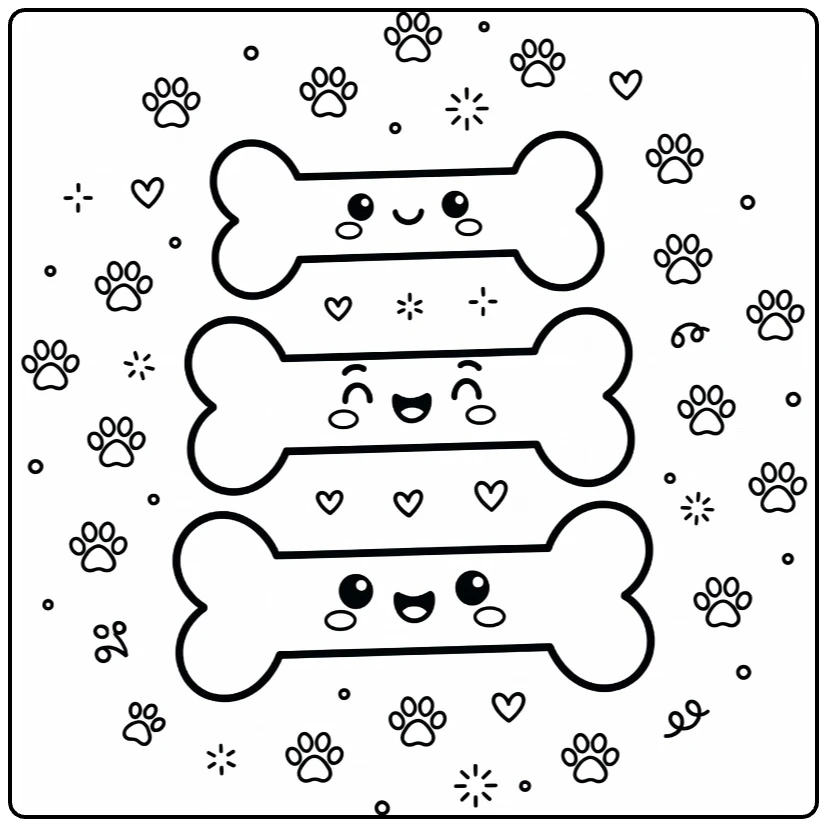 Dog bone coloring page: stacked bones with faces, paw prints