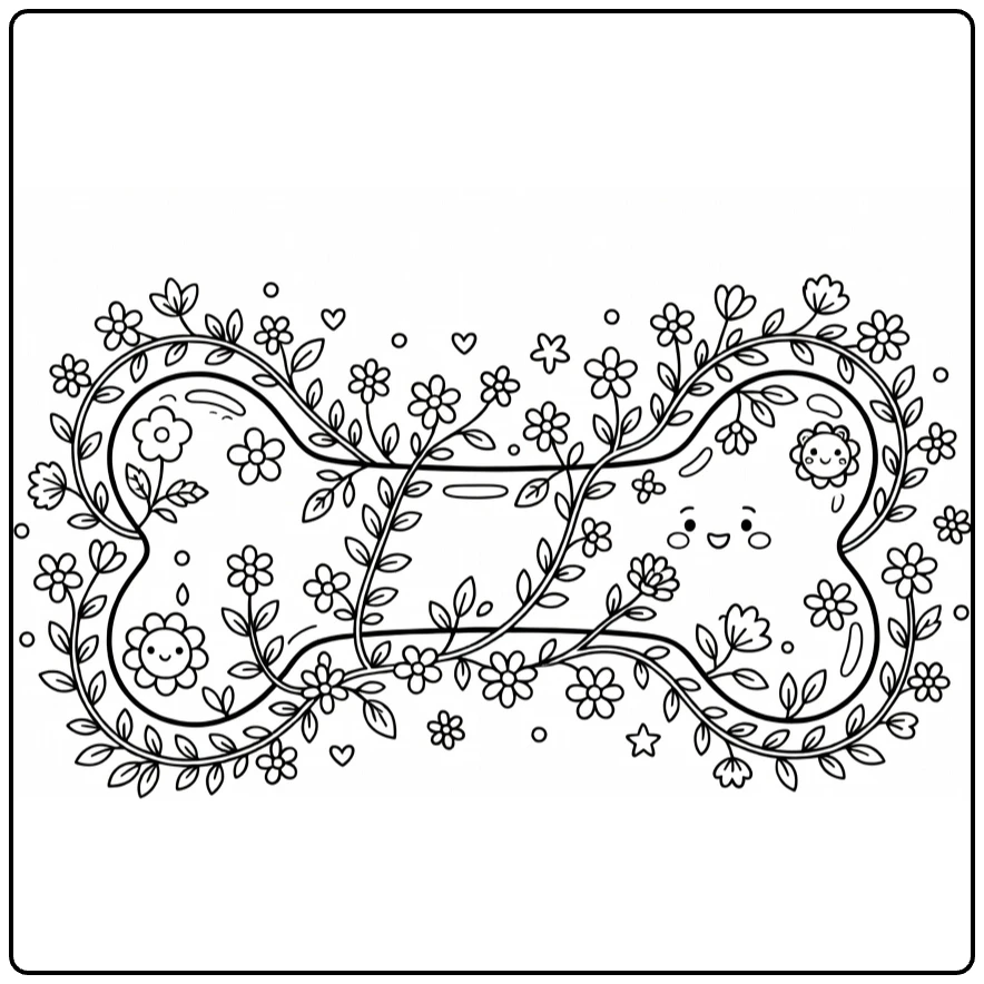 Dog bone coloring page with vine, leaves & flowers wrap