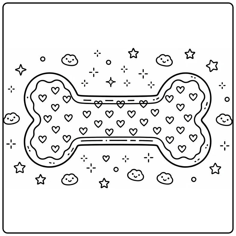 Dog bone coloring page with scalloped edges and heart patterns