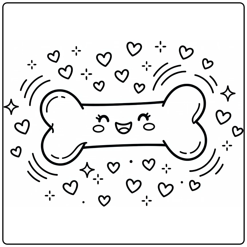 Dog bone coloring page with cute smiling face, hearts, sparkles