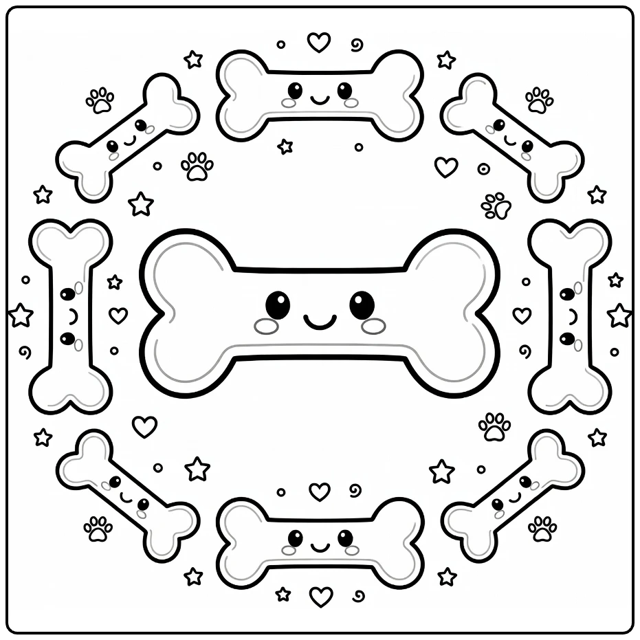 Dog bone coloring page with big central bone and cute frame