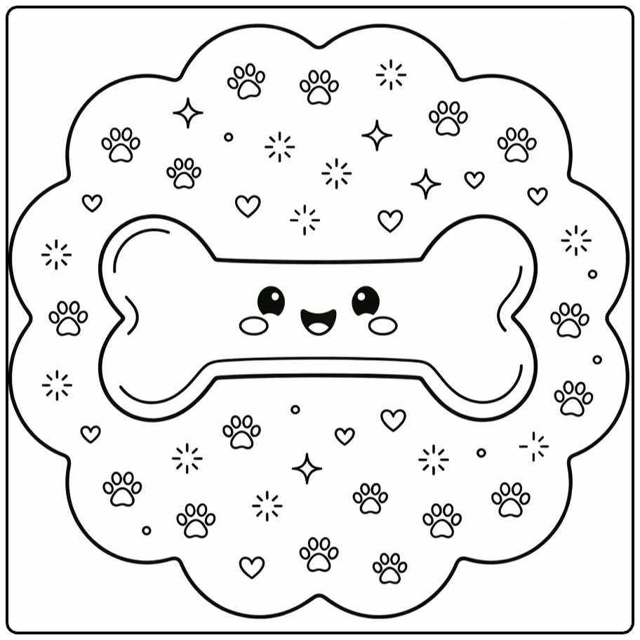 Dog bone coloring page: giant rounded bone in scalloped frame with paws, hearts, sparkles
