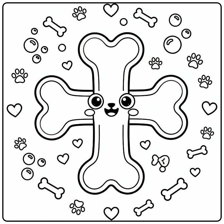 Dog bone coloring page: chunky upright bone, bubbles, paw prints