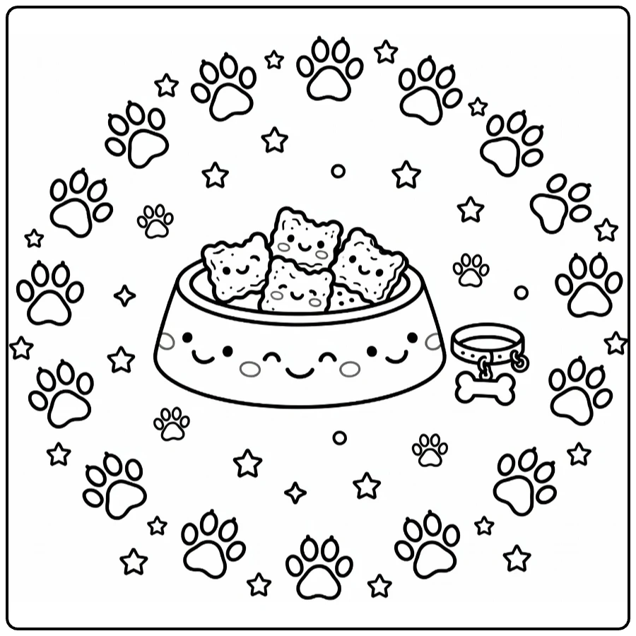 Dog bowl coloring page with treats, paw prints, stars