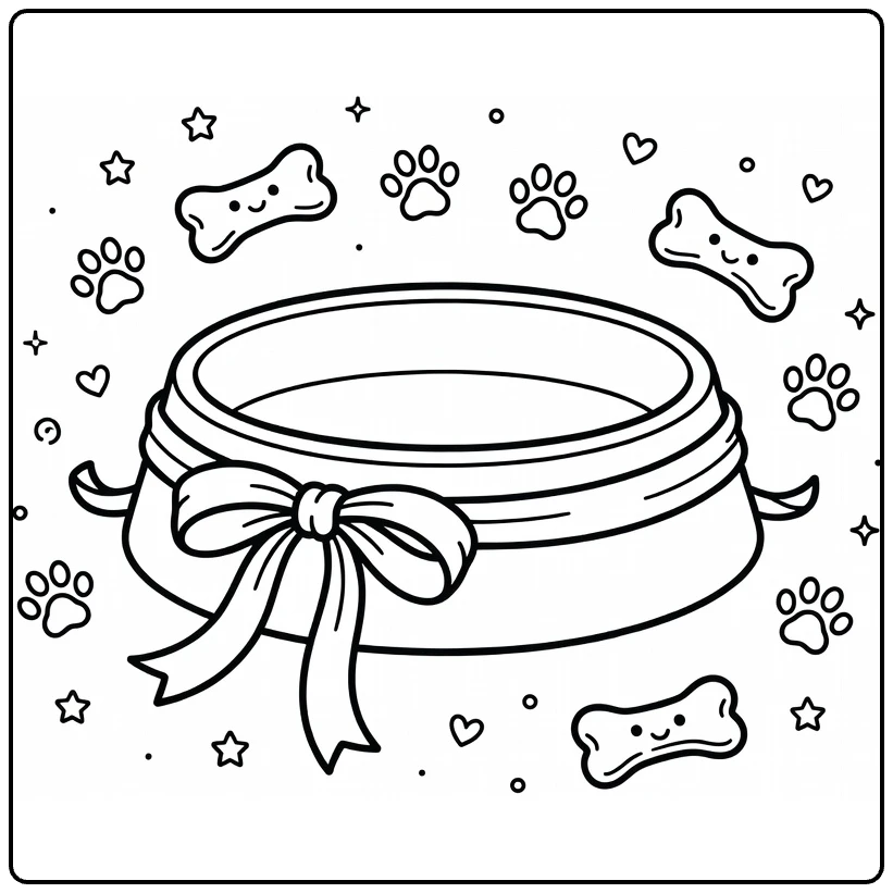 Dog bowl coloring page with ribbon collar, biscuits, paws