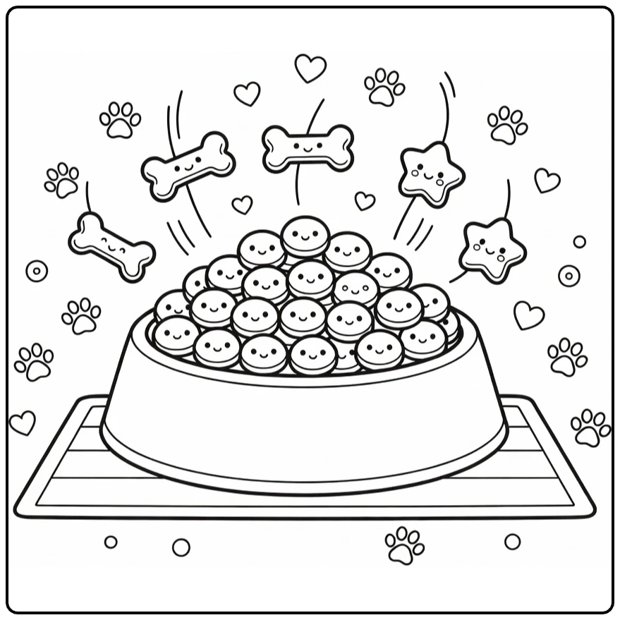 Dog bowl coloring page with kibble swirl, treats, paws, mat