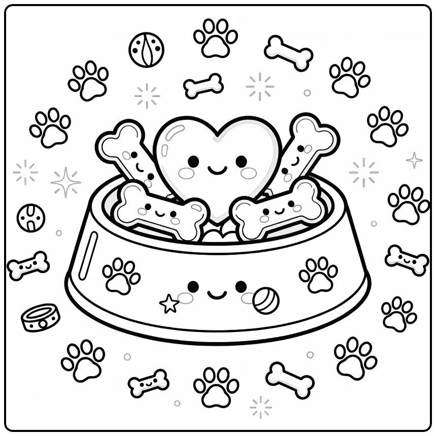 Dog bowl coloring page with heart treat, bone biscuits, paw prints