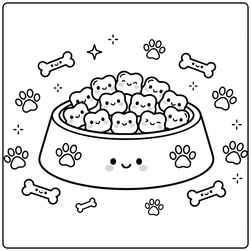 Dog bowl coloring page: kibble-filled bowl with bones, paws, sparkles