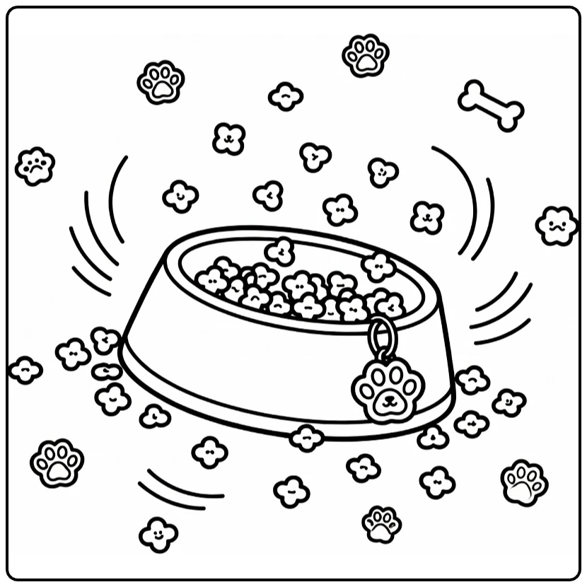 Dog bowl coloring page: tilted bowl with kibble, paw charm, motion lines
